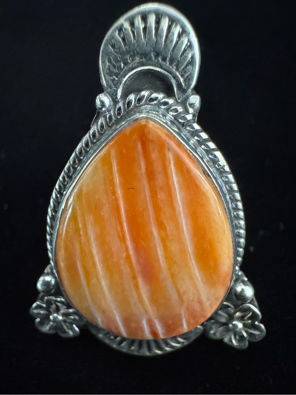 Sterling‎ Silver genuine Orange spiny oyster Teardrop Statement Ring.